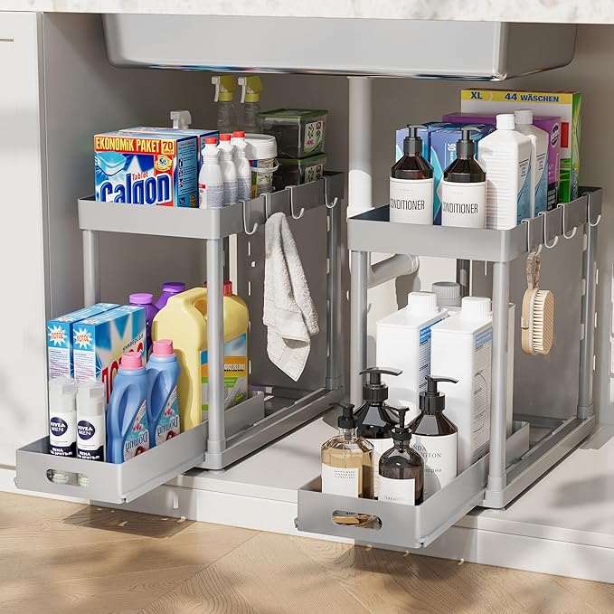 2 Pack Pull-Out Storage Organizers, Under Sink Organizer and Storage for Bathroom & Kitchen,Multi-Purpose Under Cabinet Organizers and storage Black