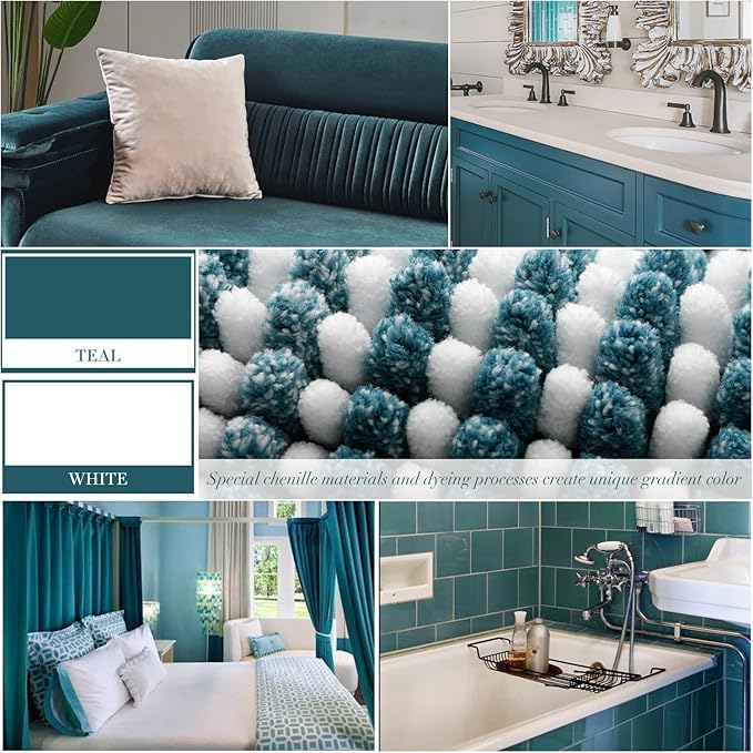 BSICPRO Bathroom Rugs and Mats Sets, 2 Piece Thick Absorbent Chenille Bath Mat Rug Set Non Slip, Soft Shaggy Bath Room Floor Mats for Bathroom, Machine Washable (Teal, 20" x 32" Plus 16" x 24")