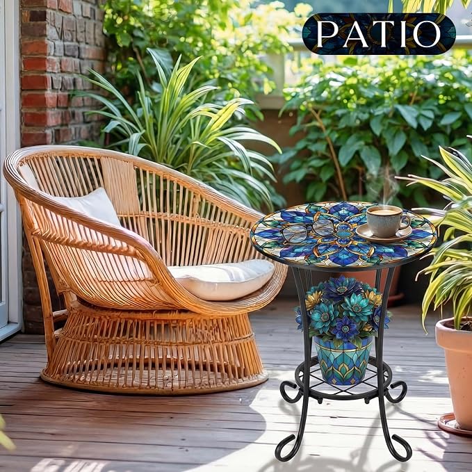 Cinnvoice Outdoor Side Table 2-Tier Round Small Mosaic Patio Accent Indoor End Plant Coffee Tea Table for Yard Patio Porch Garden Living Room, Bedroom (Mandala Style,14 Inch)
