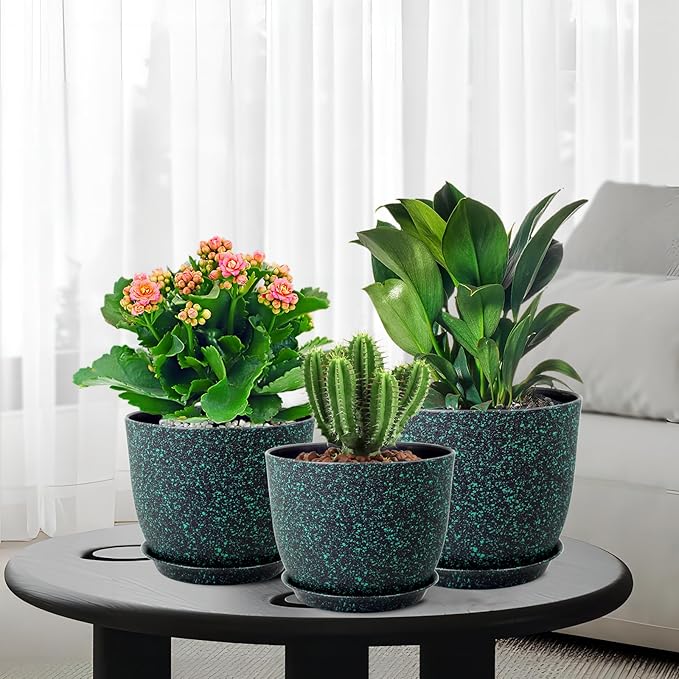 Plant Pots 10/9/8 inch, Set of 3 Modern Decorative Plastic Planters with Drainage Holes and Saucers for Garden House Plants, Flower Pots for Indoor Outdoor Plants, Black with Green Speckles