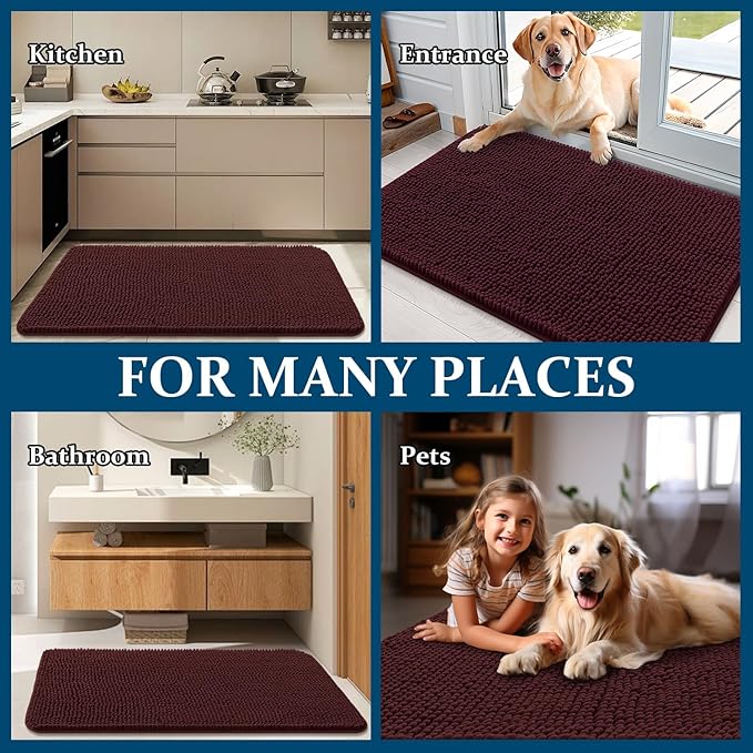 OLANLY Dog Door Mat for Muddy Paws 47x20, Absorbs Moisture and Dirt, Absorbent Non-Slip Washable Doormat, Quick Dry Chenille Mud Mat for Dogs, Entry Indoor Entryway Carpet for Inside Floor, Russet
