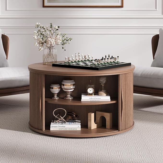 31.5" Round Lift Top Coffee Table, Mid Century Modern Walnut Center Table with Hidden Storage, Fluted Drum Wood Design for Small Living Room & Apartment