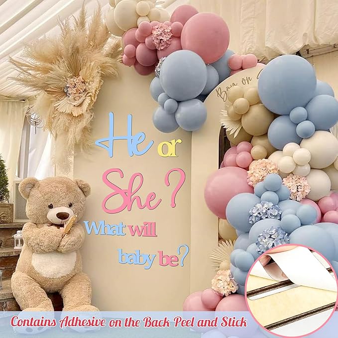 Large Wooden Gender Reveal Party Signs for Backdrop He or She Sign Decoration Decals Peel and Stick What Will Baby Be Decor Sticker for Balloon Arch Baby Gender Welcome Sign Girl or Boy Party Supplies