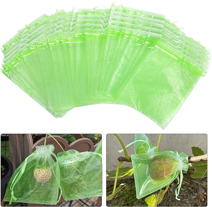 6x8 Inch 100 Pieces Green Fruit Protection Bags- Fruit Netting Bags with Drawstring,Garden Fruit Cover Mesh Bag to Protect Plants from Pest Birds Squirrels