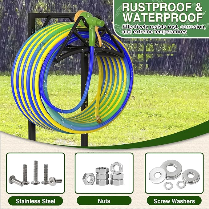 Qatsrin New Garden Hose Holder, Heavy Duty Freestanding Water Hose Holder Stand Holds 160-feet Hose, Detachable Hose Storage Reels Hanger Rack for Outside Yard Lawn Farm