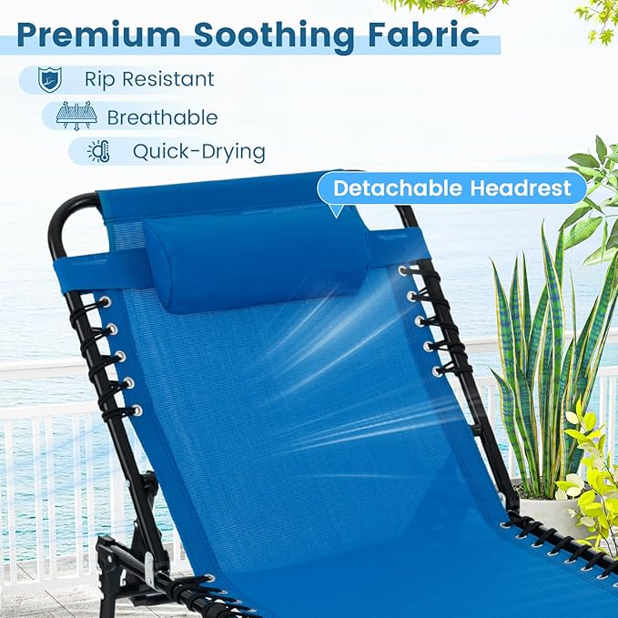 Goplus Chaise Lounge Chair, Outdoor Folding 5-Postion Beach Lounge Chair with Detachable Pillow, Side Pocket, Adjustable Tanning Chair for Patio Lawn Pool Yard