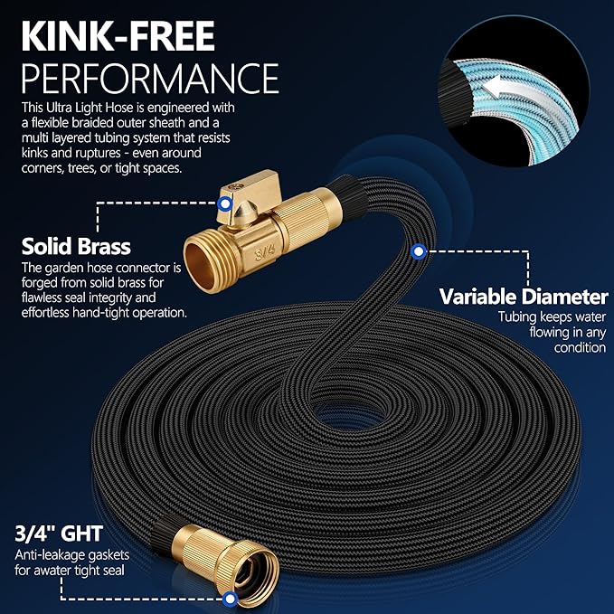 Flexible Garden Hose 50 FT, Ultra Lightweight Water Hoses 50FT w/10 Function Sprayer and 3/4" Brass Fittings, Kink-Free, Sturdy, Abrasion Resistant for Yard, Lawn, Outdoor and Gardening(Black)