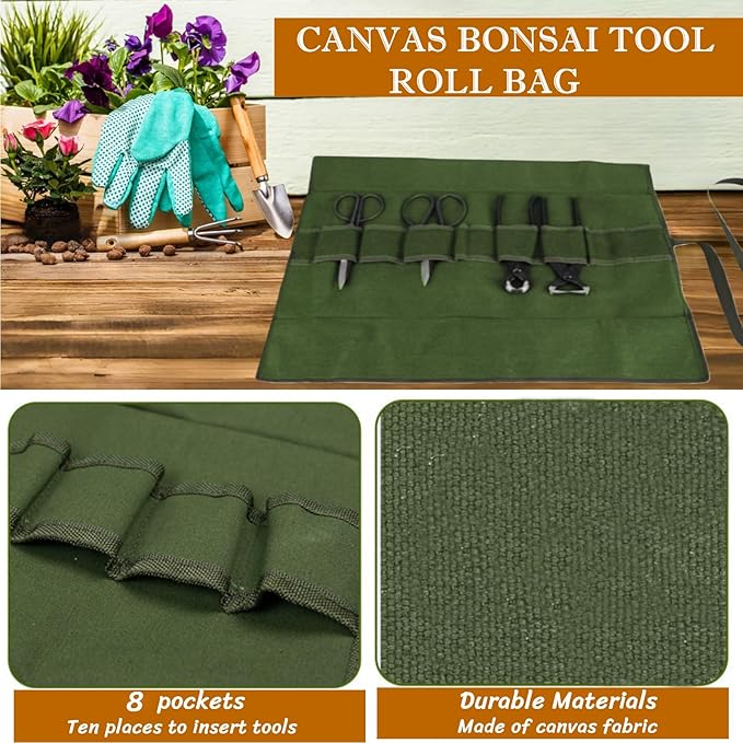 BLIRITEL Garden Roll Up Tool Bag, Canvas Bonsai Tools Roll with 8 Pockets, Multifunctional Tool Bag Organizer for Bonsai Tool Kits Storage, Wrench Roll Tool Pouch (Bag Only, Tools Not Include)