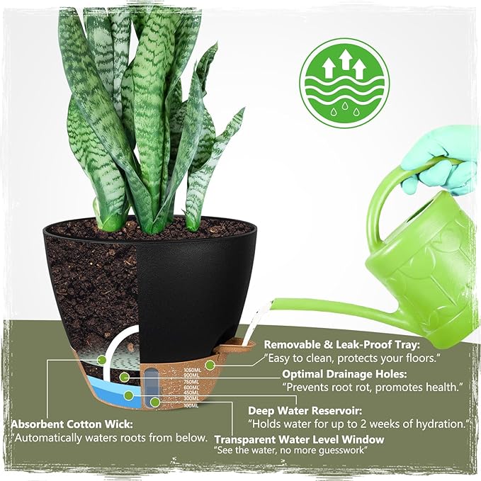 Self-Watering Pots for Indoor Plants 4 Pack, 6/8/10/12 Inch Outdoor Planters with Water Level Indicator & Deep Reservoir, Decorative Flower Pots for Home Decor (Black, 12+10+8+6 Inch)