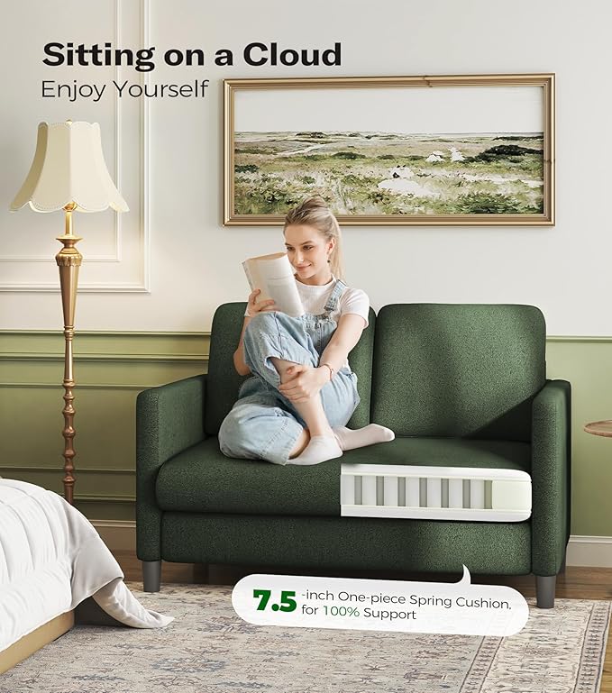 Loveseat Sofa, 51" Love Seat, Comfy Teddy Small Loveseat for Small Spaces, Tool-Free Setup Couch for Bedroom, All-Wood Couches for Living Room, No Pillow Included, Green