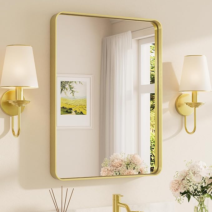 TETOTE Brushed Gold Bathroom Mirror, 24 x 32 Inch Metal Framed Mirror, Brushed