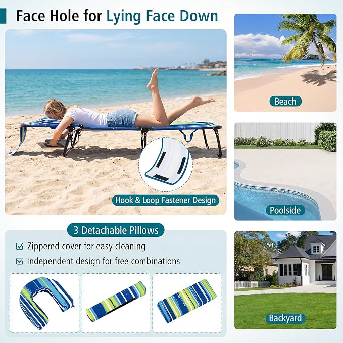 GYMAX Tanning Chair, 330lbs Beach Lounge Chair with Face Hole, Washable Pillow & Carry Strap, Adjustable Folding Chaise Lounge, Layout Chair for Outside, Patio, Poolside, Lawn (1, Stripe)