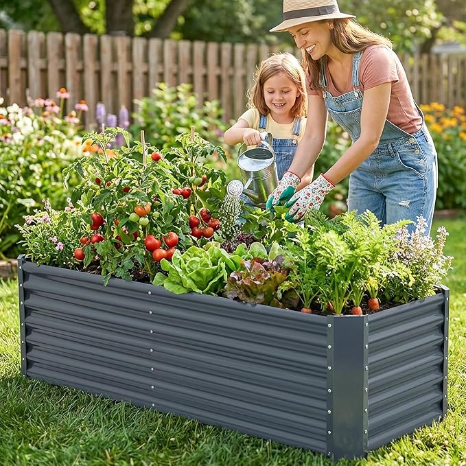 6x2x1.86ft Raised Garden Bed - Galvanized Deep Root Planter Boxes Outdoor with Wing Nuts and Safety Edges for Gardening Vegetables, Flowers, Herbs, Succulents - Gray