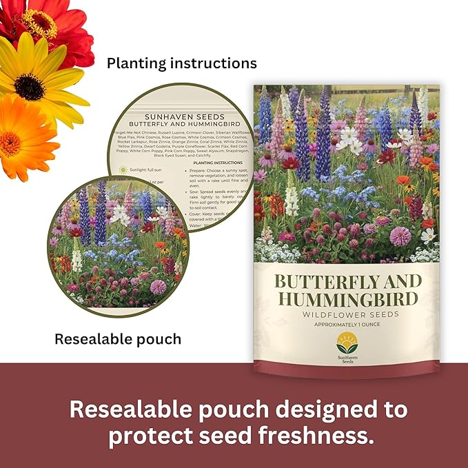 Butterfly and Hummingbird Wildflower Mix – 30,000+ Seeds – 1 oz Bulk Extra Large Resealable Packet – Non-GMO Open Pollinated Wildflower Seeds