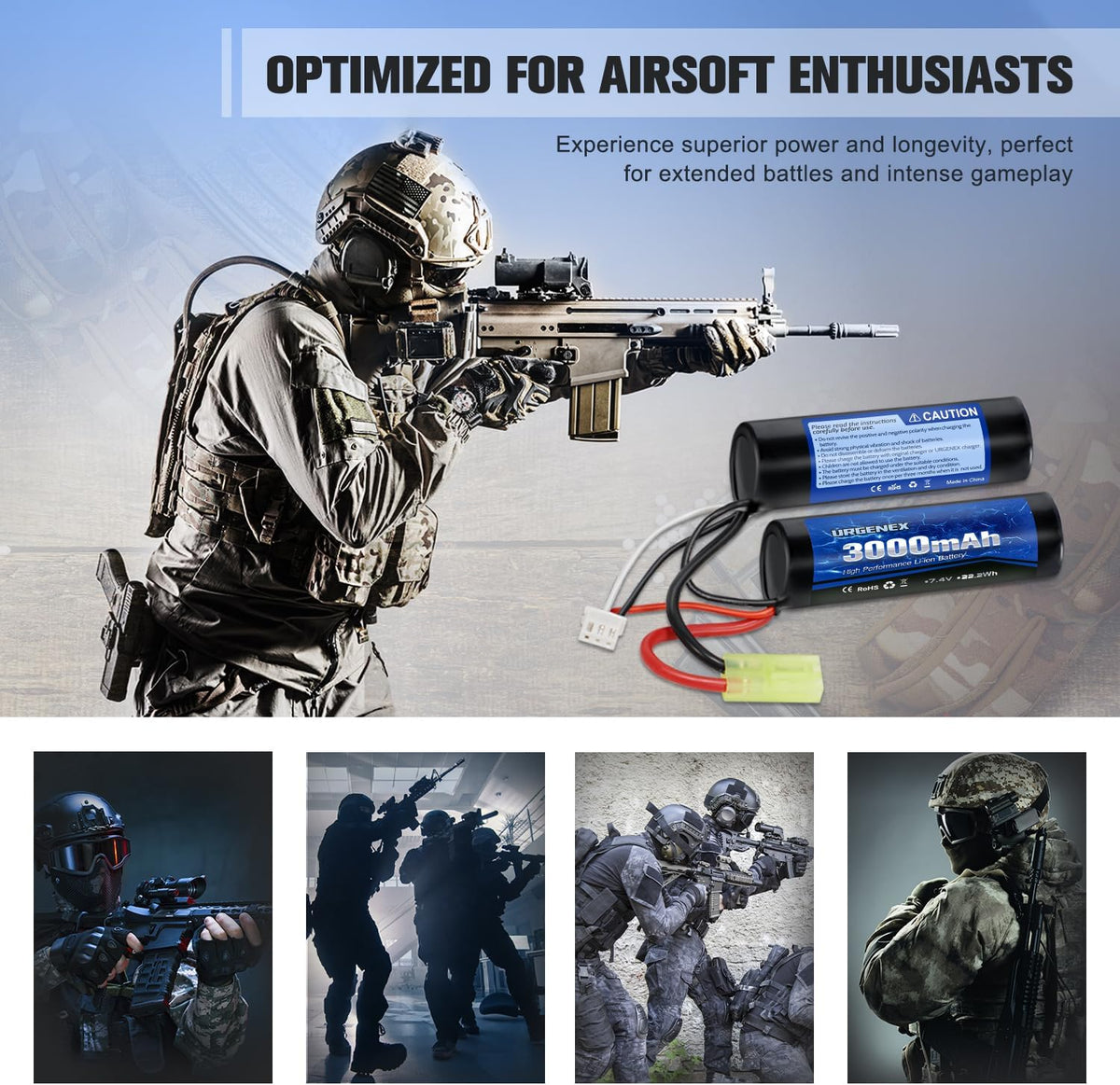 URGENEX 3000mAh Airsoft Battery - 7.4V Nunchuck Rechargeable Stick with Mini Tamiya Plug