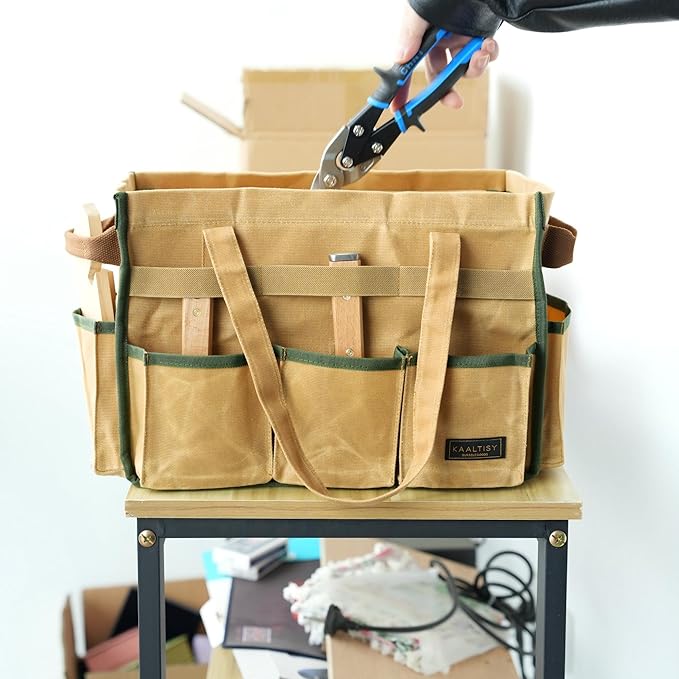 Canvas Tool Bag, 16OZ Waxed Canvas Tool Tote Bag with Metal Zipper & 12-Pocket Design, Multi-Purpose Garden Tool Storage Tote for Electrician Gardener Plumber | Khaki | 14.5"L x 7.5"W x 10"H