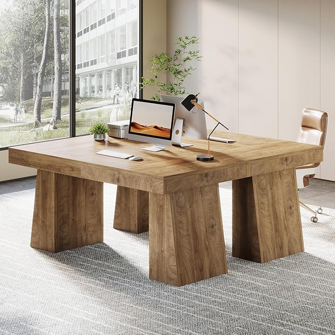 Tribesigns 55-Inch Executive Desk, Thick Wood Office Computer Desk with Double Pedestal, Modern Minimalist Workstations Writing Table Conference Table Furniture for Home Office, Light Brown