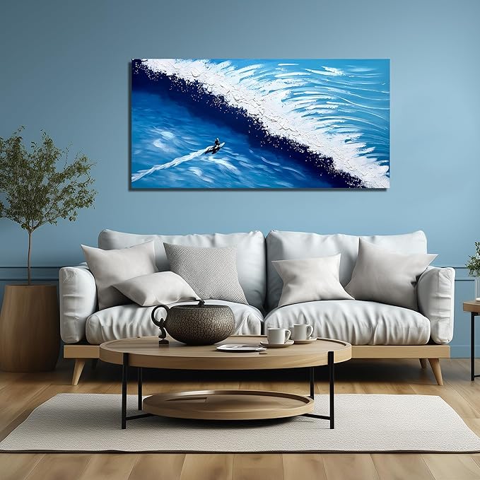 Blue Ocean Sea Wall Art for Dining Room Modern Painting Wall Art for Living Room Blue and White Wall Decor Teen Bedroom Size 24 x 47 Inch