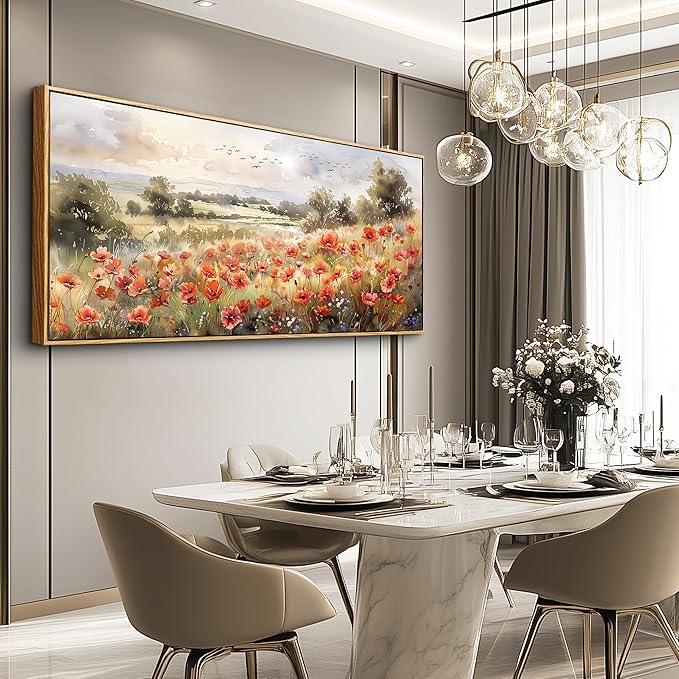 QIYILEXWART Large Wall Decor For Living Room Canvas Wall Art For Office Modern Wall Decorations For Bedroom Red Blooms Field Landscape Painting Farmhouse Pictures Artwork Room Home Decor 24x48 In