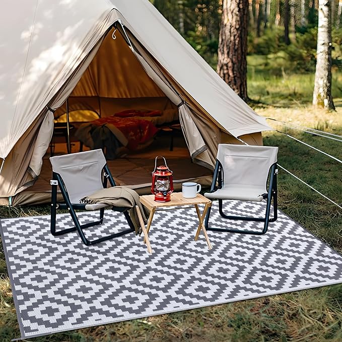 OLANLY Waterproof Outdoor Rug 6x9 ft, Outdoor Plastic Straw Rug for Camping, RV Mat Outside, Outdoor Carpet for Porch, Deck, Backyard, Balcony, Picnic, Grey & White