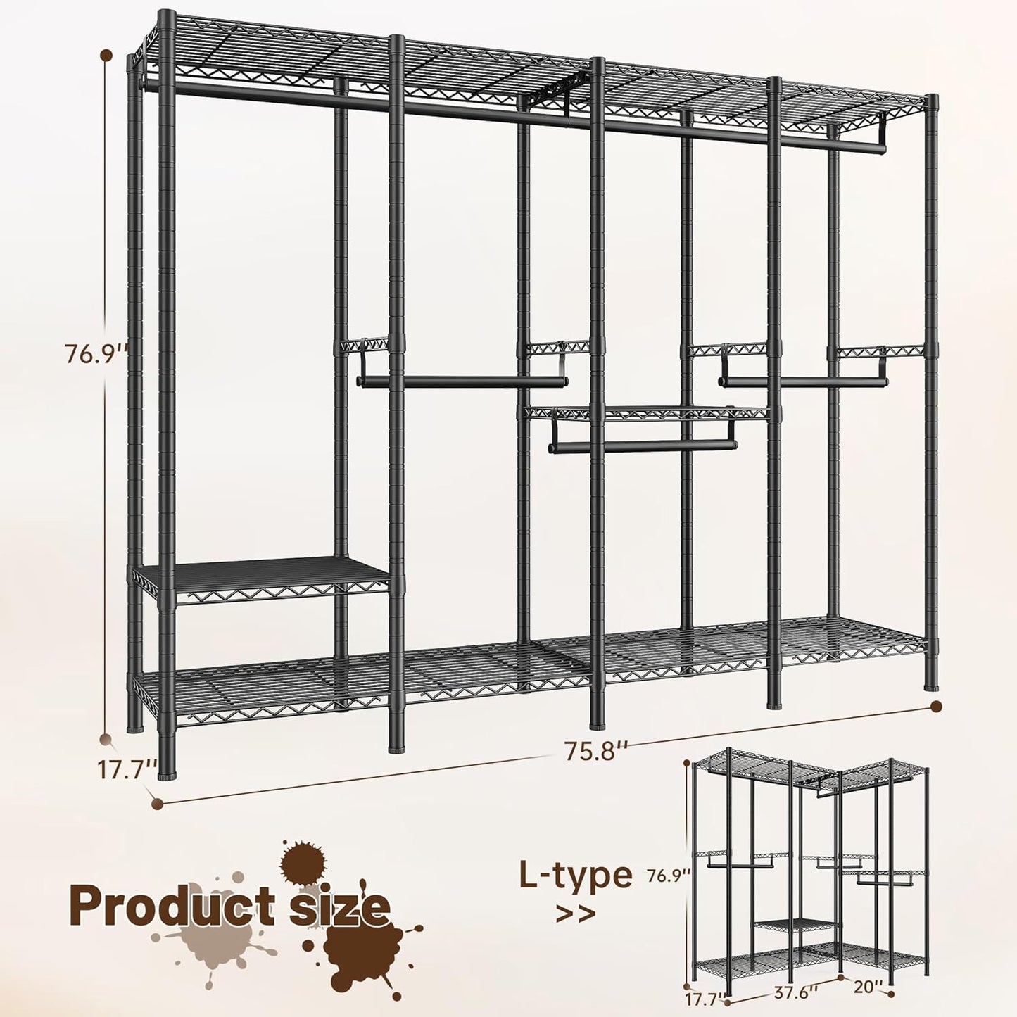 Raybee Clothes Rack Heavy Duty 1100 LBS Capacity Clothing Racks for Hanging Clothes Adjustable Garment Rack,17.7" D x 75.8" W x 76.9" H Black