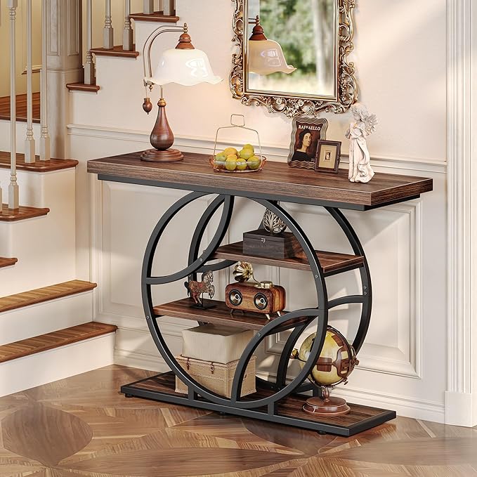 Huuger 41.3 Inch Entryway Table, Modern Console Sofa Table, Accent Table with Shelves, for Entry, Hallway, Entrance, Foyer, O-Shaped Metal Frame, Dark Walnut