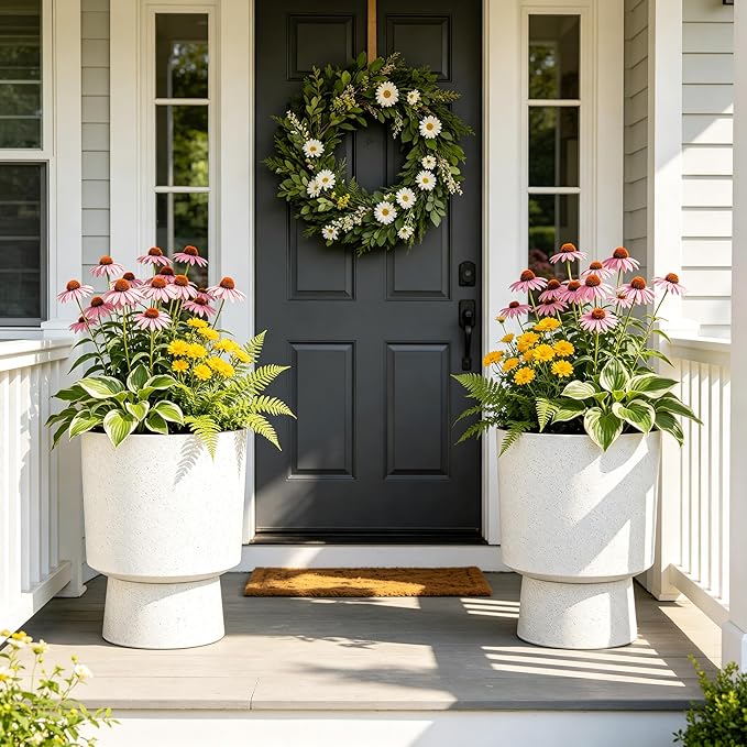 16.75"H Urn-Style Tall Planters, 2-Pack Modern Large Flower Pots for Outdoor Indoor, 2-in-1 Design Plant Containers for Garden Patio Yard Balcony Porch or Home Decor, White Terrazzo, UV-Protect