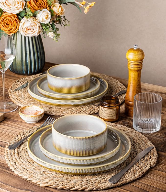 TheTerra Ceramic Dinnerware Sets for 6, 18 Pieces Porcelain Lightweight Plates and Bowls Sets, Scratch Resistant Dish Set, Oven & Microwave & Dishwasher Safe, Autumn Haze