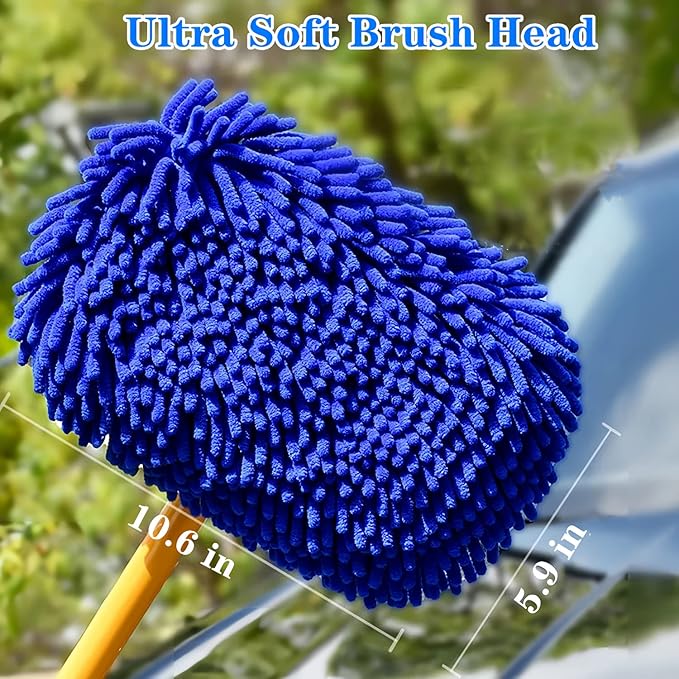 Upgrade Car Wash Brush with Long Handle,Chenille Microfiber Car Cleaning Brush Supplies Kit Car Wash Mop Accessories Car Washing Brush with Scratch-Free Replacement Head(Blue