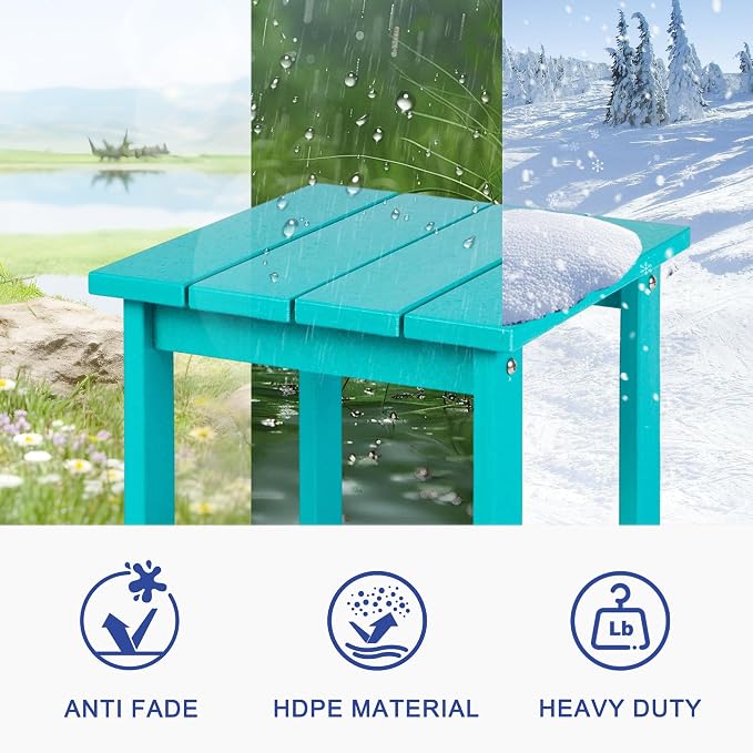 LZRS Square Patio Side Table, Heavy Duty HDPE Outdoor End Table with Wood Texture, Weatherproof Composite Table for Adirondack Chairs, Deck, Pool, Indoor/Outdoor, No Peeling or Cracking(Turquoise)