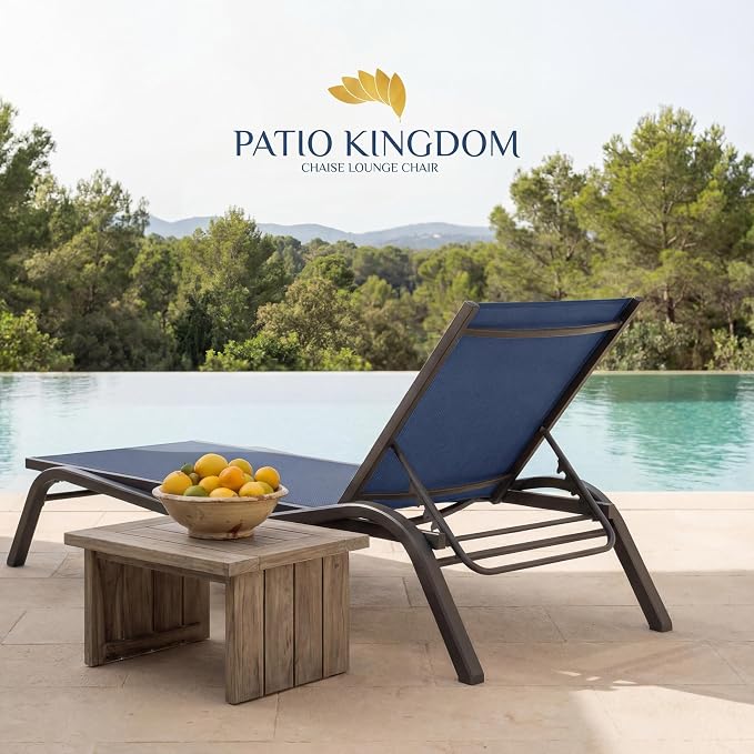 3-Piece Patio Chaise Lounge Set with Side Table, Set of 2 Adjustable Pool Chairs and Aluminum Bistro Table, All-Weather Outdoor Furniture for Pool Deck, Patio & Tanning, Navy Blue