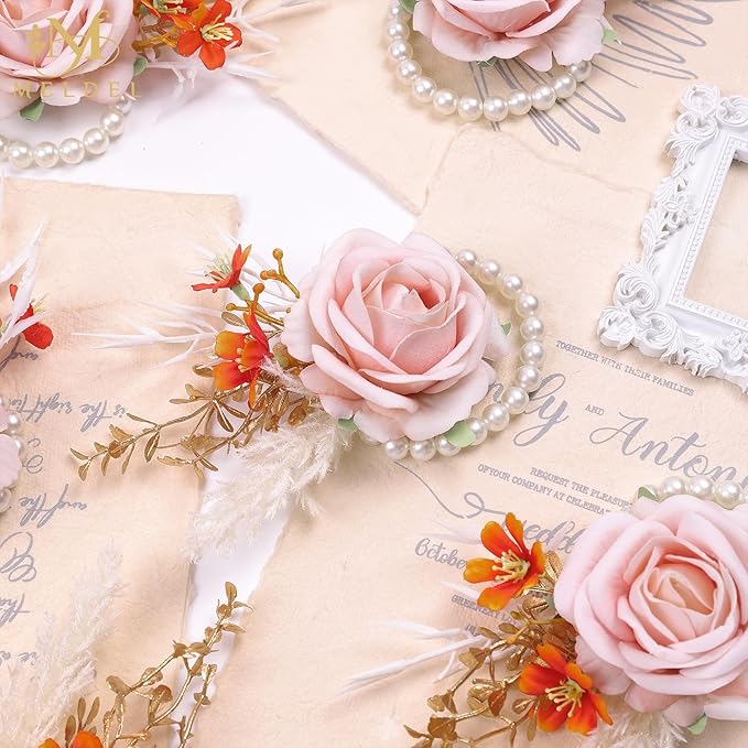 Meldel Pink Wrist Corsage and Boutonniere Set, Flower On Wrist for Bride Bridesmaid Wedding, Boutonniere for Men Groom Groomsman Wedding Accessories Prom Party Suit Decorations