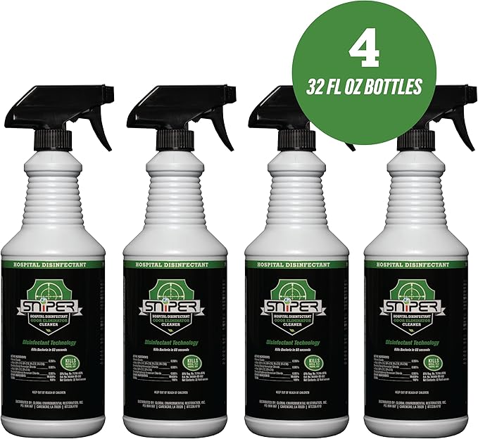 SNiPER Hospital Disinfectant, Odor Eliminator & All-Purpose Cleaner, Made in the USA, 32 Ounce Spray, 4-pack