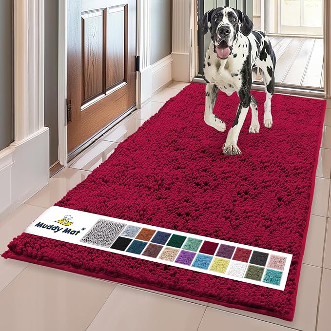 Muddy Mat® | Super Water Absorbent Door Mat Indoor, Microfiber Quick Dry Chenille Entryway Rug, Slip Resistant Front Door Mat, Indoor Mats for Entryway, Machine Washable Pet Rug, Maroon 36" x 120"