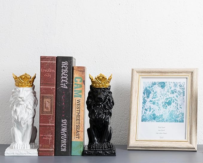 Lion Statue Decoration 9 inch Resin, Antique Silver Crown Lion Statue Man Home Office Desk Table Shelf Decoration, Men Father Leo Lion Gift