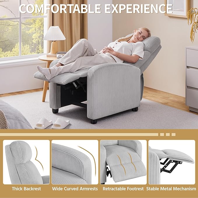 Yaheetech Corduroy Recliner Chair Single Sofa Home Theater Seating Adjustable Modern Reclining Chair for Living Room Bedroom Home Theater Light Gray