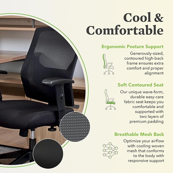 HON Crio Ergonomic Office Chair, High Back Task Chair with Adjustable Arms, Lumbar Support, 360 Swivel, Center-Tilt Recline, for Desks, Computers, Home Office, Black