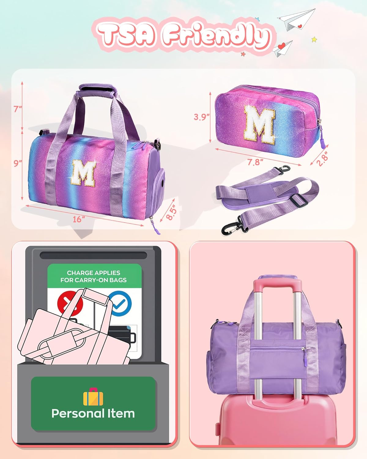 Skiennix Personalized Gym Bag for Girls - Stylish Weekender with Shoe Compartment & Makeup Pouch | Ages 4-11 (Letter A)
