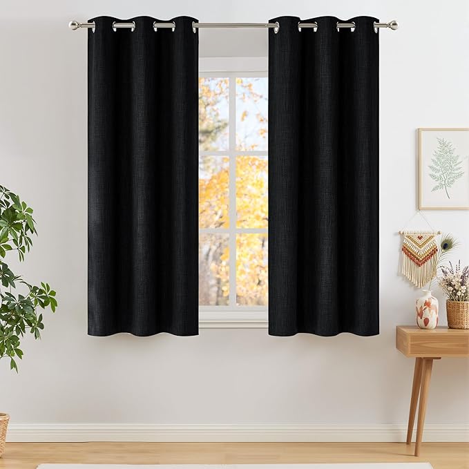 NICETOWN Short Faux Linen Black Blackout Curtains 63 inches Long