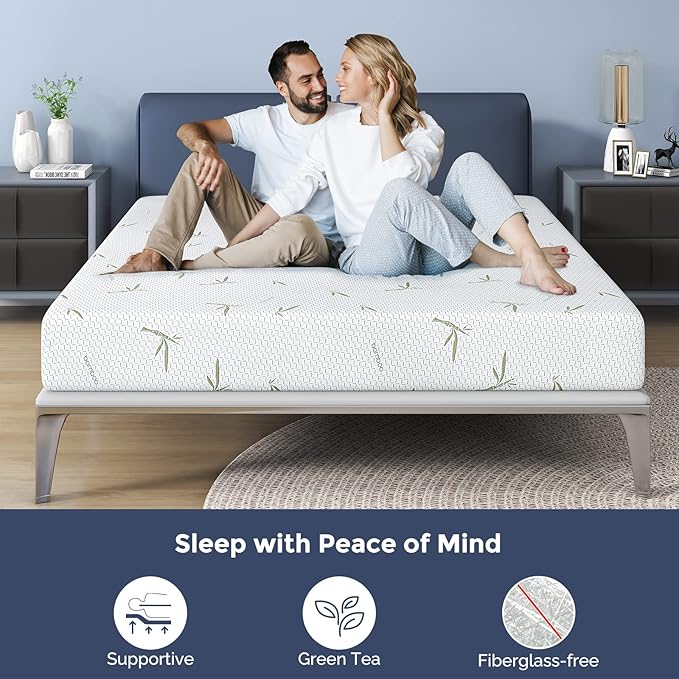 Queen Mattress, 10 Inch Memory Foam Mattress in a Box with Breathable Bamboo Cover, Green Tea Mattress Queen Size Made in USA for Cool Sleep & Pressure Relief, Medium Firm, CertiPUR-US Certified
