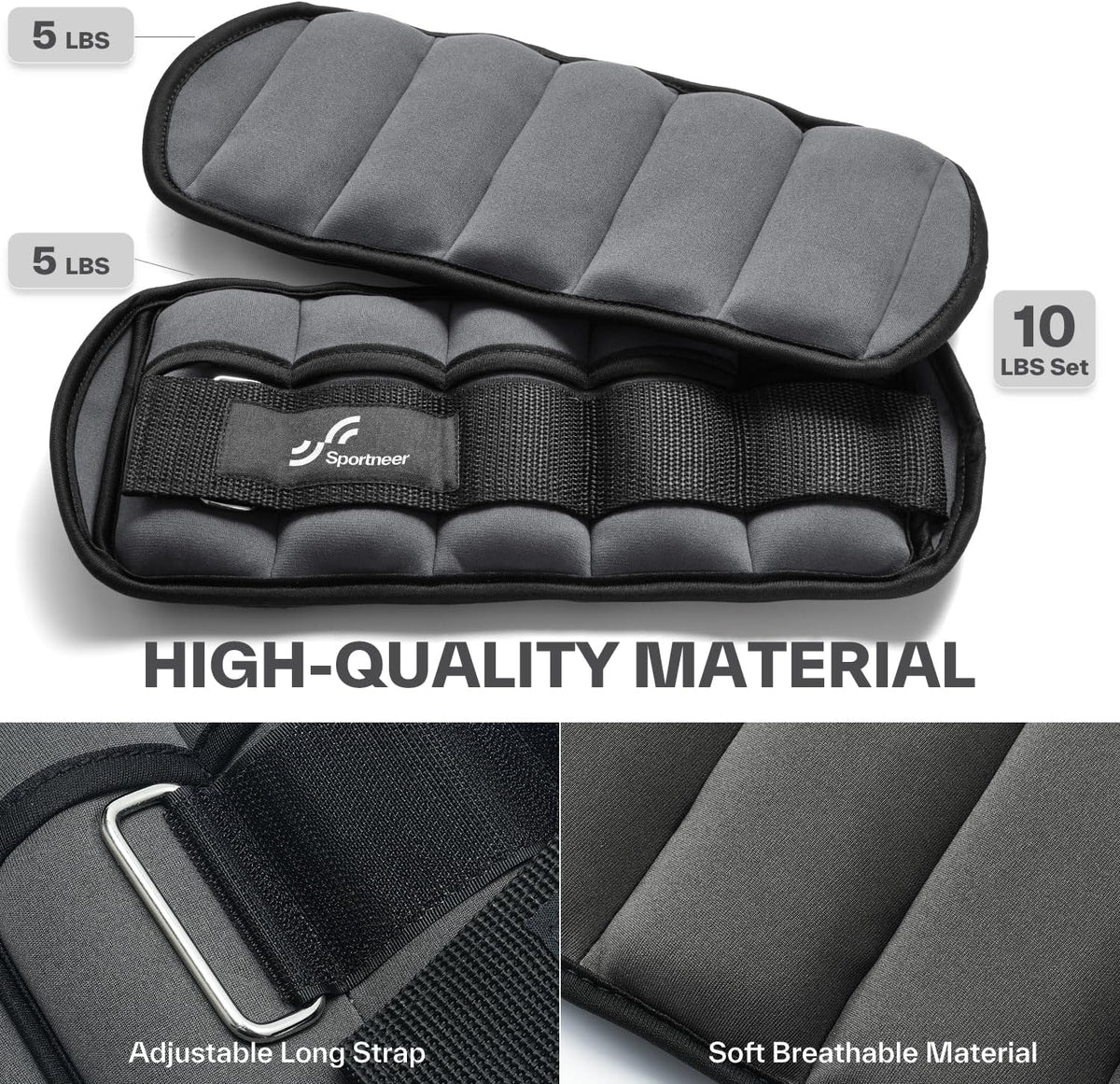 Sportneer Adjustable Ankle Weights Set - Comfortable Neoprene Leg Weights for Walking & Yoga | 1 Pair (2-10 lbs)