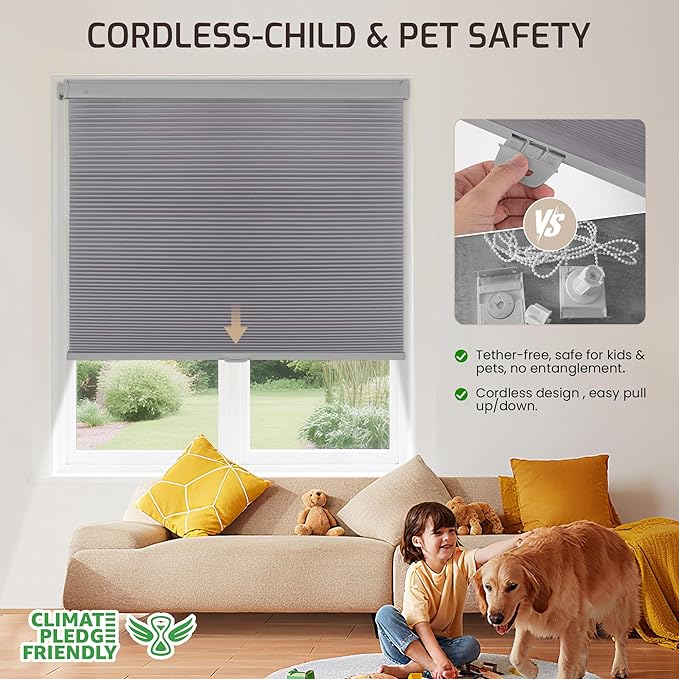 Grandekor No Tools No Drill Cordless Cellular Shades, UV Protection Privacy No