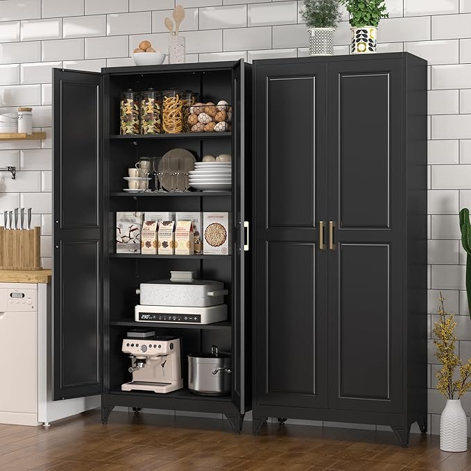 Kitchen Pantry Cabinet, 75" H Metal Storage Cabinet with Doors and Shelves, 4 Standing Feet, Cupboard for Kitchen, Dining, Living Room, 16" D x 32" W x 75" H, Black, Assembly Required