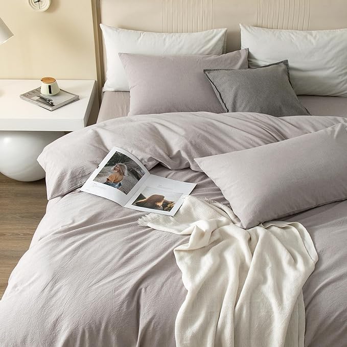 JIYUAN 100% Washed Cotton Duvet Cover Set 3 Pieces Oversized King, 1 Duvet Cover 120x98 Inches(Comforter Not Included) and 2 Pillowcases,Linen Feel Bedding Set Comfy and Breathable, Heathered Linen
