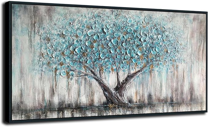 Arjun Framed Blue Tree Extra Large Canvas Wall Art for Living Room Tree of Life Abstract Bedroom Textured Painting, Nature Picture Panoramic Landscape Artwork Home Office Decor, Black Wood 58"x29"
