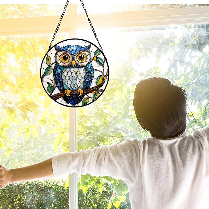 Stained Glass Window Hanging, Owl Gifts for Women Sun Catchers Diamond Glass Panel Hangings Birds Suncatcher Decor for Birthday for Women, Men, Wife, Aunt, and Mom 6.3 in