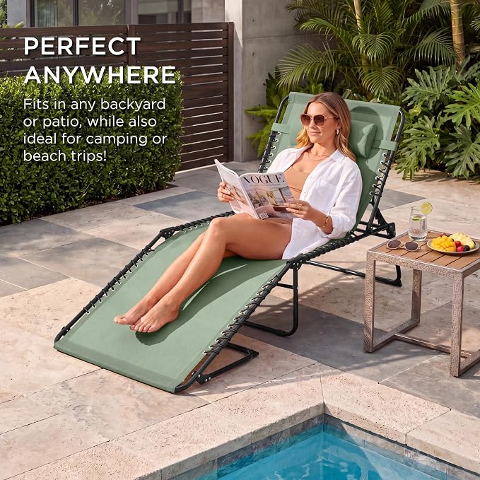 Best Choice Products Extra Wide Patio Chaise Lounge Chair, Portable Outdoor Folding Recliner for Lawn, w/ 8 Positions, Handles, 440lb Capacity - Sage Green