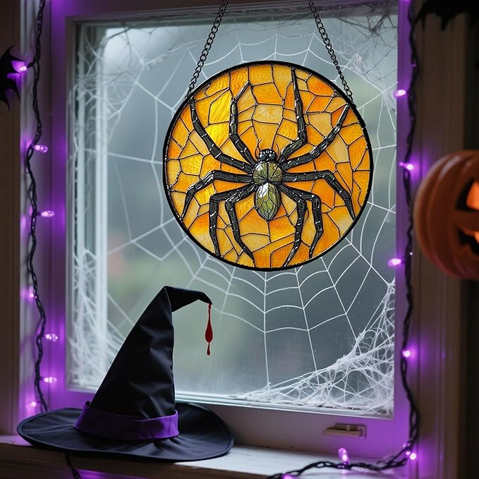 Stained Glass Window Hanging - Halloween Decorations Black Spider Suncatcher for Doors Garden Indoor Spooky Funny Sun Catchers Gothic Decor Horror Gifts for Women Men Friend 9.8 in