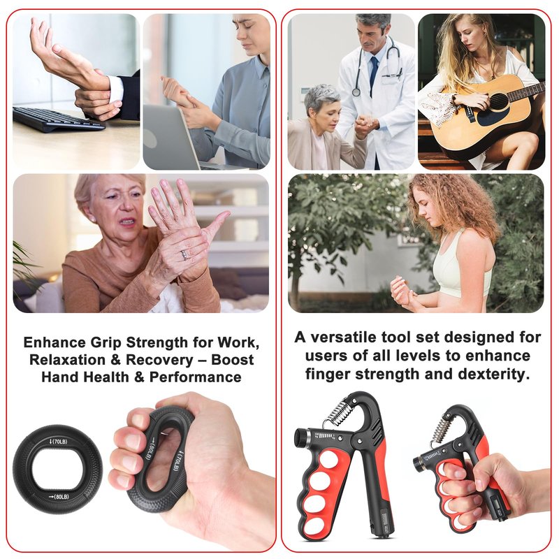 Keria Grip Strength Trainer Kit, Hand Grip Strengthener with Adjustable Resistance 11-220Lbs, Fingers Exerciser - Silicone Rings, Forearm Strengthener for Athletes Musicians and Injury Recovery