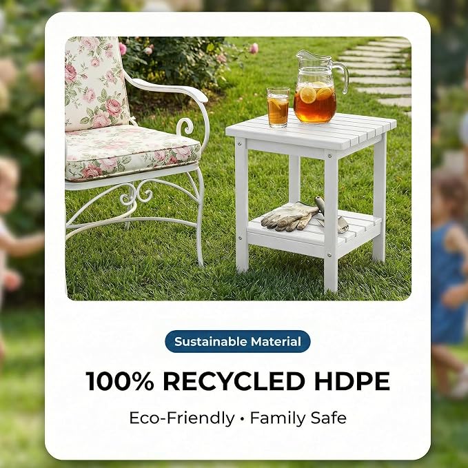 PASAMIC 2-Tier Adirondack Square Outdoor Side Table, HDPE Small Outdoor Table, Patio End Table for Patio, Pool, Backyard, Weather-Resistant (White)
